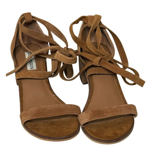 Steve Madden Suede Ankle Tie Block Heel Sandals Rizzaa Tan 7.5 - Picture 3 of 11